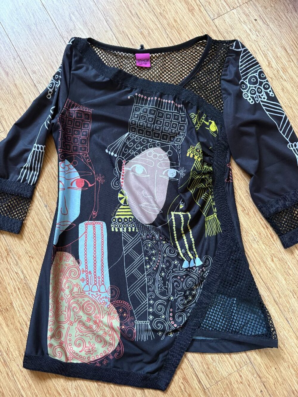 Save The Queen Italy Graphic Asymmetric Top Bandana Mesh Patchwork 3/4 Sleeve S